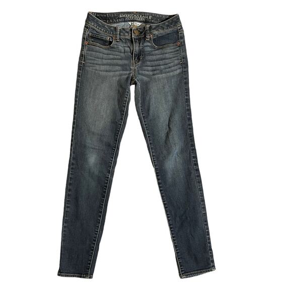 American Eagle Outfitters Denim - American Eagle Womens Mid Rise Super Skinny 4 Long Jeans Whiskered Front